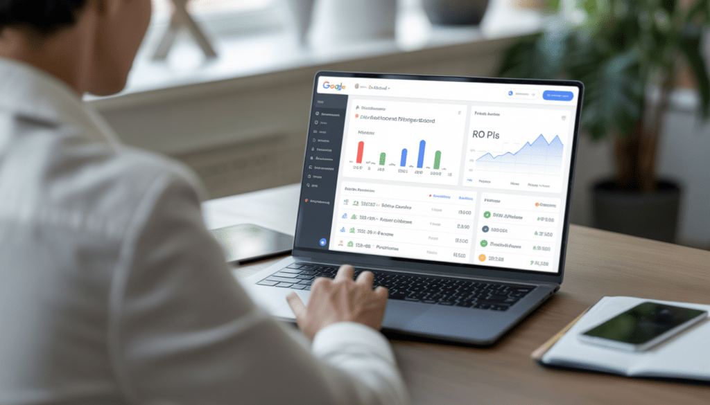 Consultant marketing digital à Lyon assis devant un ordinateur portable montrant un tableau de bord Google Ads avec graphiques de performance, indicateurs clés et progression du ROI dans un bureau lumineux et épuré