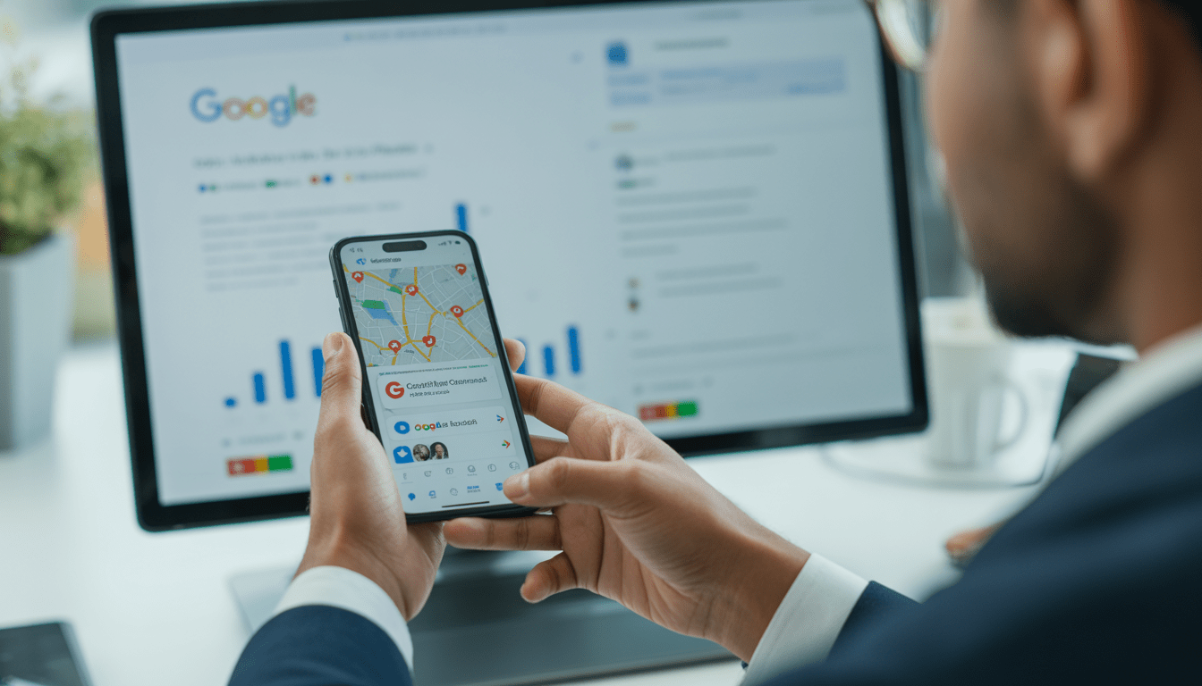 Consultant en marketing digital analysant un profil Google Business sur smartphone avec une carte locale et marqueurs en bureau moderne