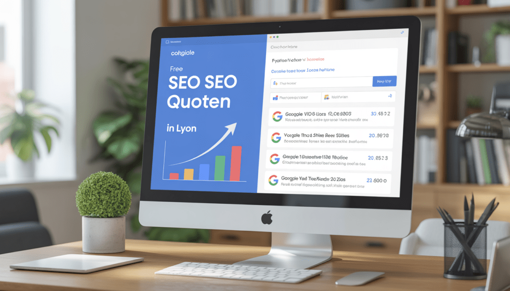 Écran d'ordinateur professionnel affichant un devis SEO gratuit pour PME à Lyon avec graphiques de trafic ascendents et résultats Google en arrière-plan dans un bureau numérique lumineux et épuré