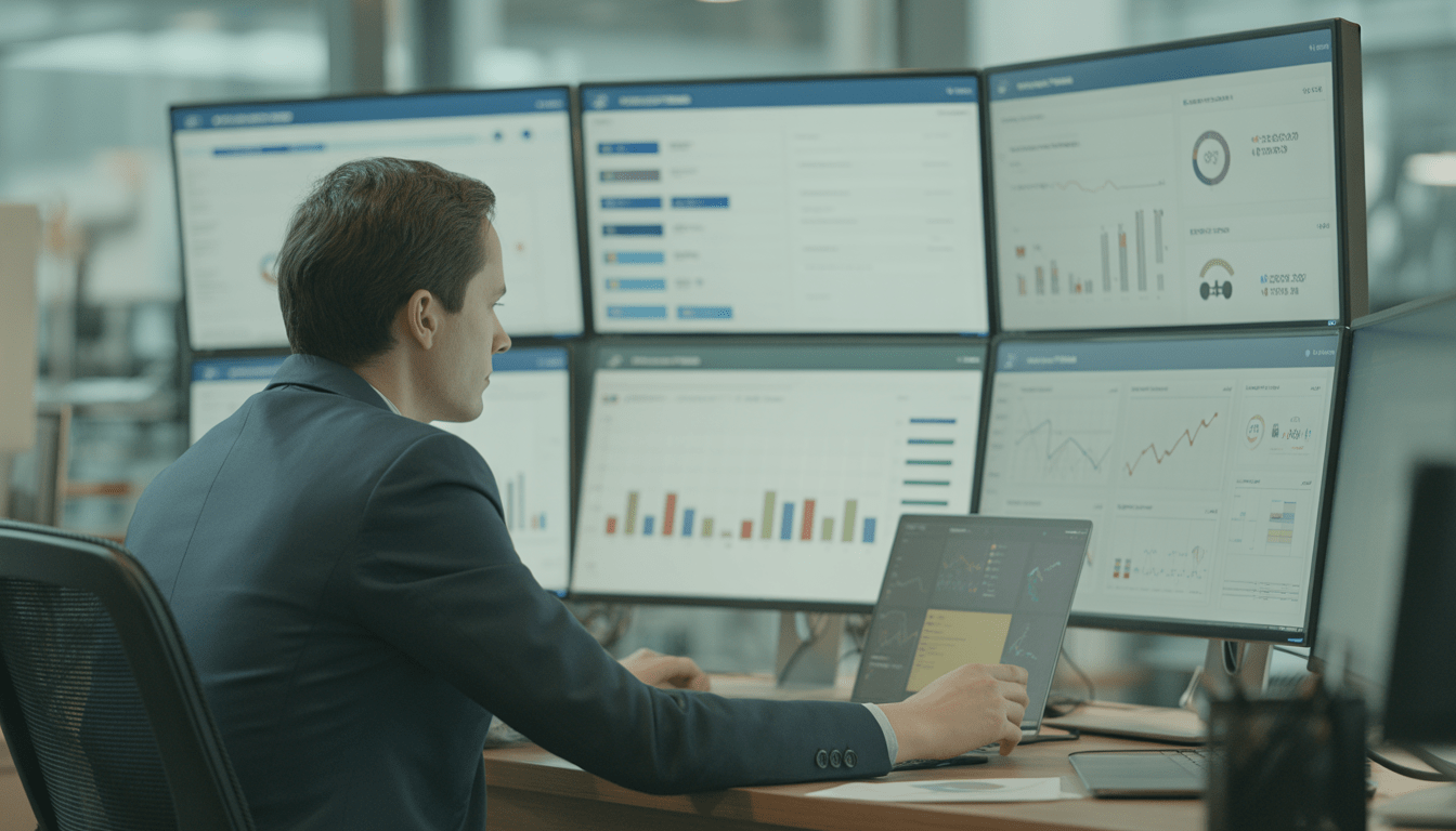 Consultant marketing digital dans un bureau moderne, travaillant sur ordinateur avec plusieurs écrans affichant des tableaux de bord de performance, métriques de conversion et graphiques de croissance