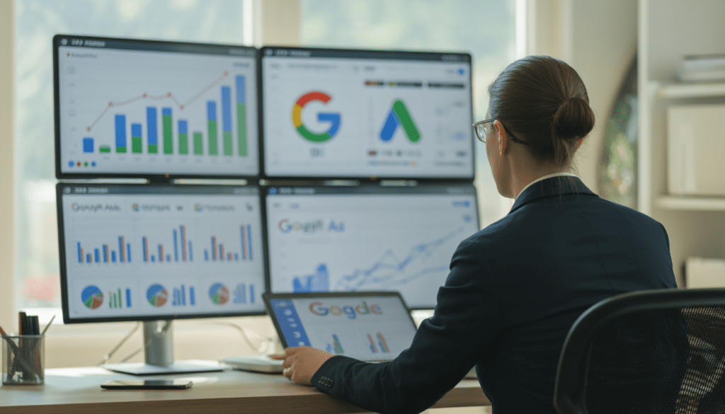 Consultant marketing digital expert analysant plusieurs écrans avec graphiques de croissance, ROI et tableaux Google Ads dans un bureau moderne lumineux