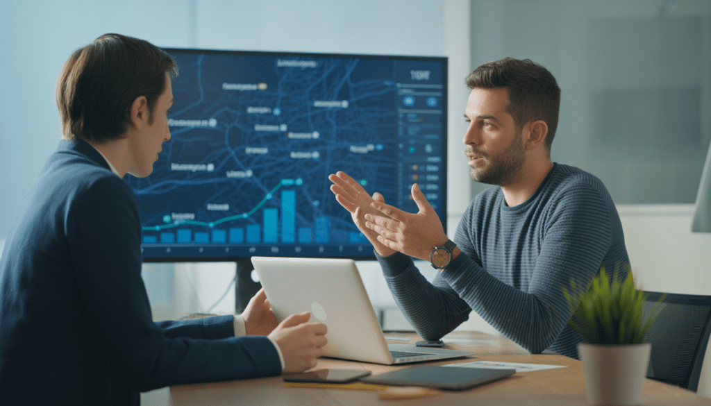 Consultant SEO local et artisan discutant dans un bureau moderne devant une carte numérique interactive de Lyon avec des marqueurs de localisation précis et des graphiques de trafic en hausse à l'écran
