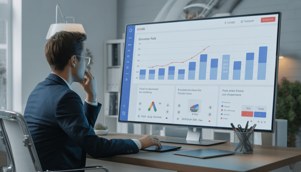Consultant en marketing digital professionnel analysant un tableau de bord avec des graphiques de croissance et des performances Google Ads dans un bureau moderne lumineux