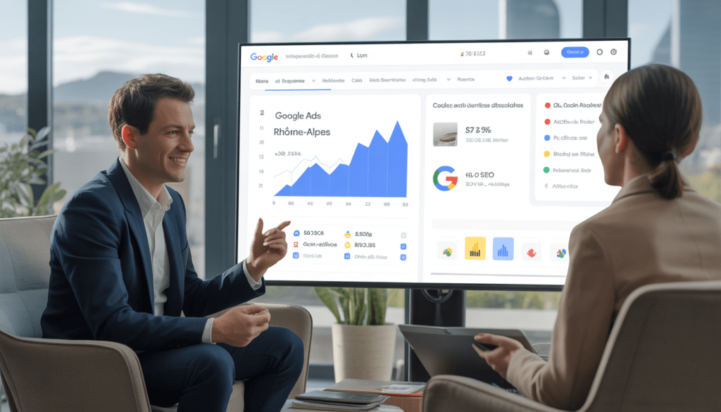 Consultant marketing digital Lyon discutant avec un client dans un bureau lumineux, présentant un tableau de bord Google Ads avec données SEO locales