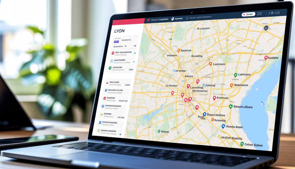 Carte digitale de Lyon avec des marqueurs précis sur les zones d'affaires, interface moderne de tableau de bord pour visibilité locale et performance SEO
