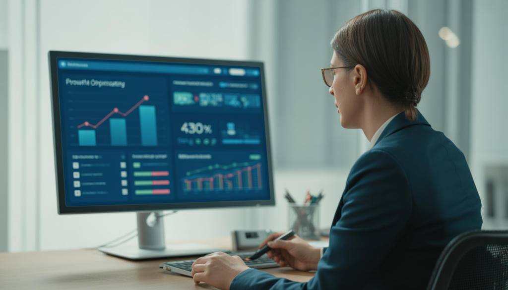 Consultant marketing digital dans un bureau moderne et minimaliste, debout à côté d’un ordinateur affichant des graphiques de croissance, des tableaux de bord publicitaires et une interface d’optimisation de site web