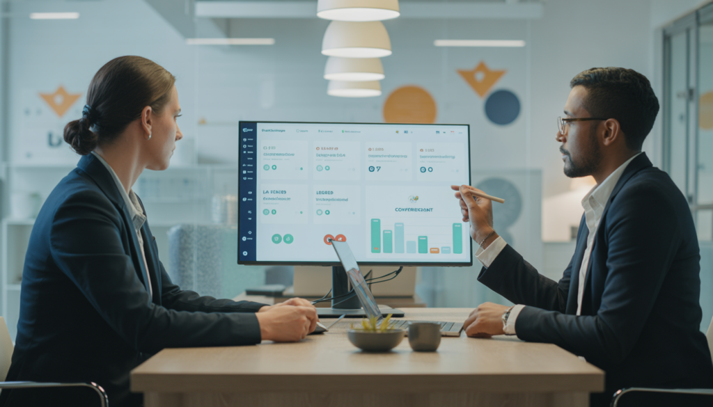 Automatisation marketing Lyon montrée par un consultant et un entrepreneur en PME travaillant sur des workflows marketing sur un écran d'ordinateur dans un bureau moderne à Lyon