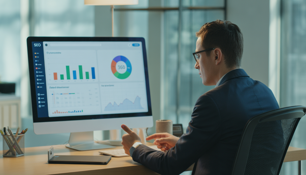 Consultant en marketing digital dans un bureau moderne analysant des graphiques SEO et des performances de mots-clés sur un écran d’ordinateur