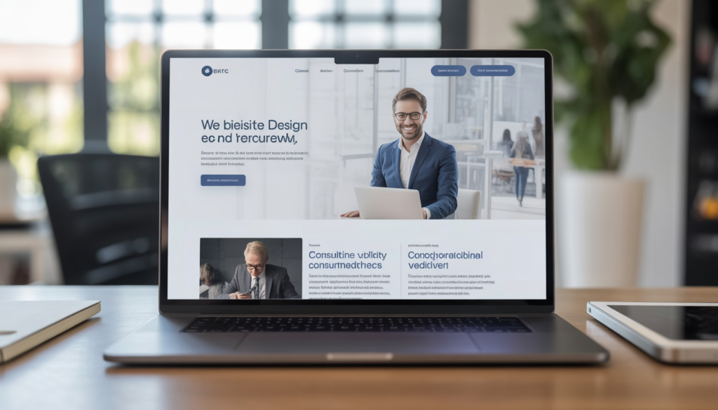 Ordinateur portable montrant la création d'un site web moderne et professionnel en milieu de bureau lumineux