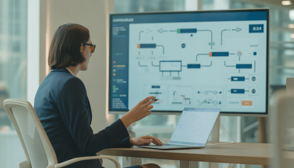 Consultant en marketing digital dans un bureau moderne avec un grand écran affichant des diagrammes d'automatisation et des flux de données connectés