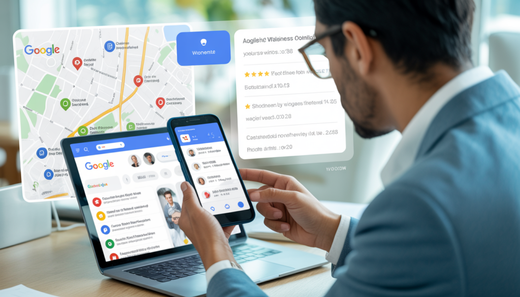 Consultant digital professionnel analysant un profil Google Business sur smartphone et ordinateur portable, avec une carte locale et des avis clients visibles en arrière-plan