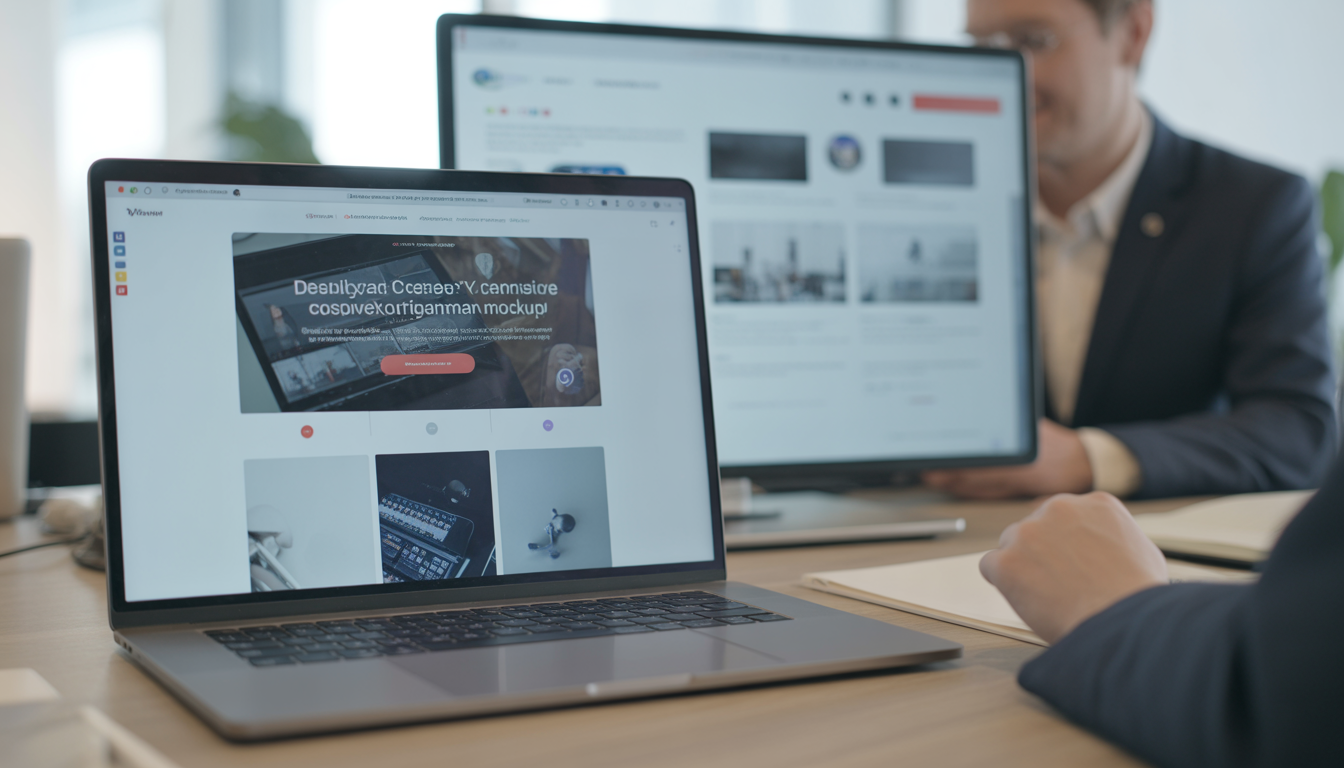 Ordinateur portable affichant une maquette de site web moderne et responsive dans un bureau lumineux avec consultant en marketing digital travaillant sur l’optimisation du design