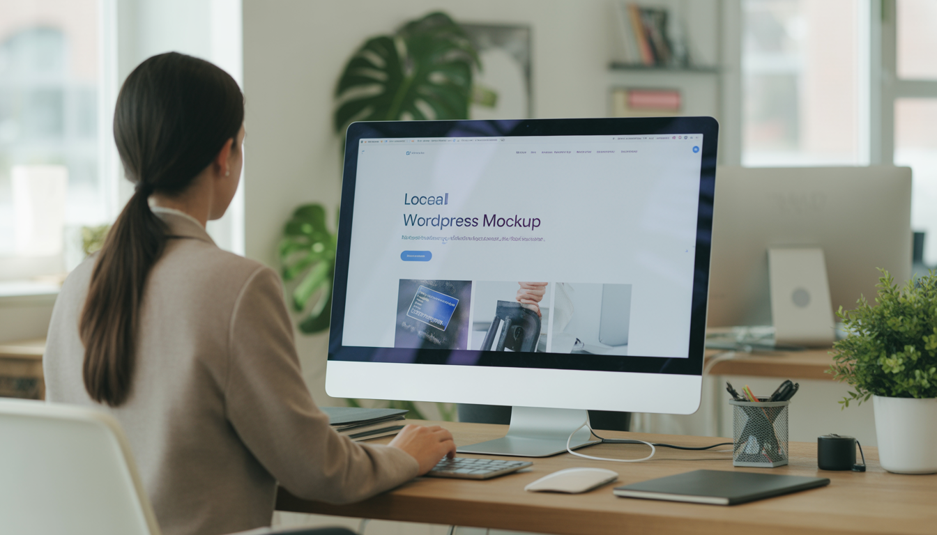 Consultant freelance dans un espace de travail moderne avec grand écran affichant une maquette WordPress élégante, éclairage naturel lumineux, accessoires minimalistes, environnement de bureau numérique propre et professionnel