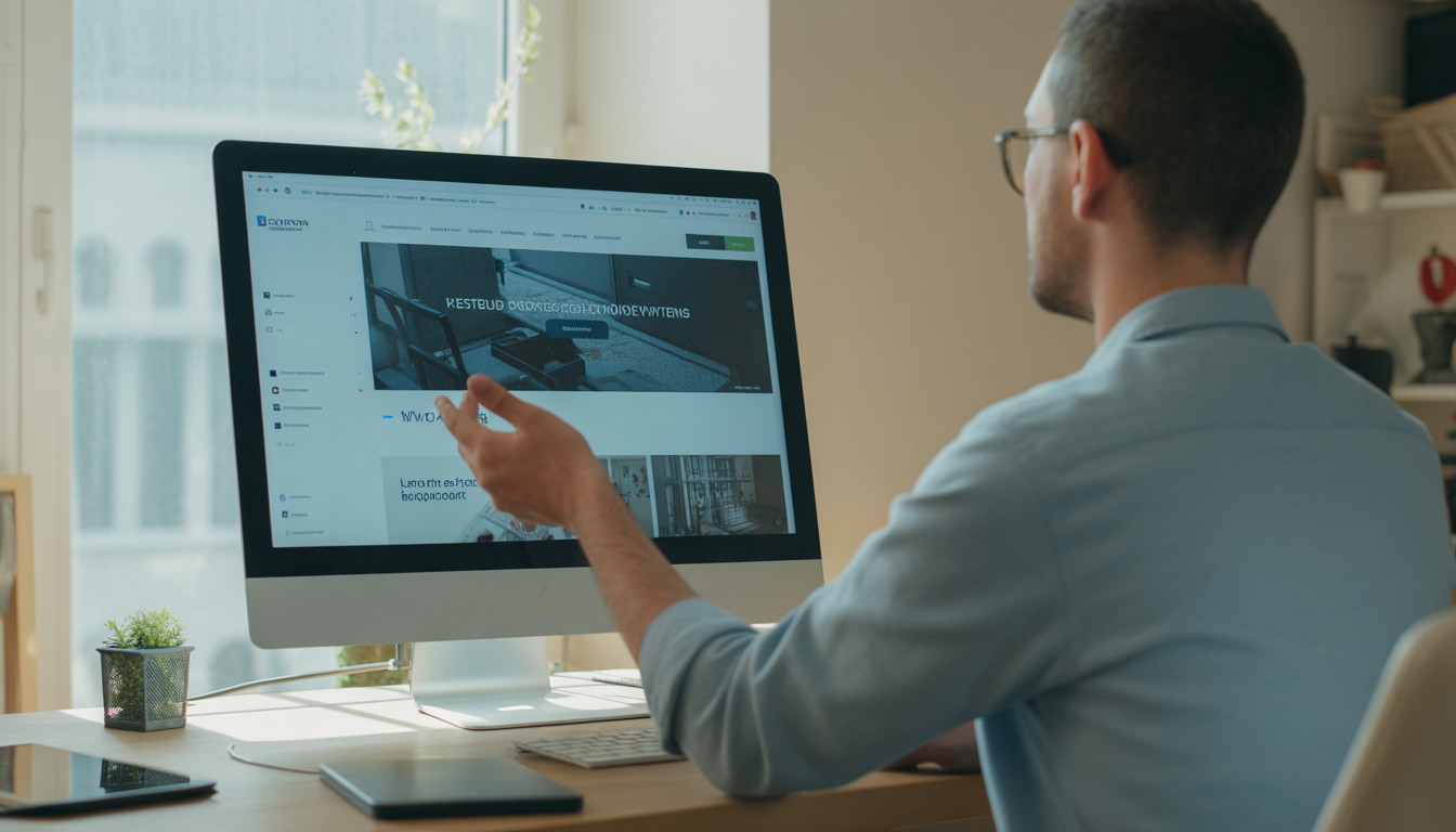 Artisan lyonnais présentant son activité sur un écran d’ordinateur affichant un site WordPress moderne, élégant et responsive en développement dans un espace lumineux et créatif