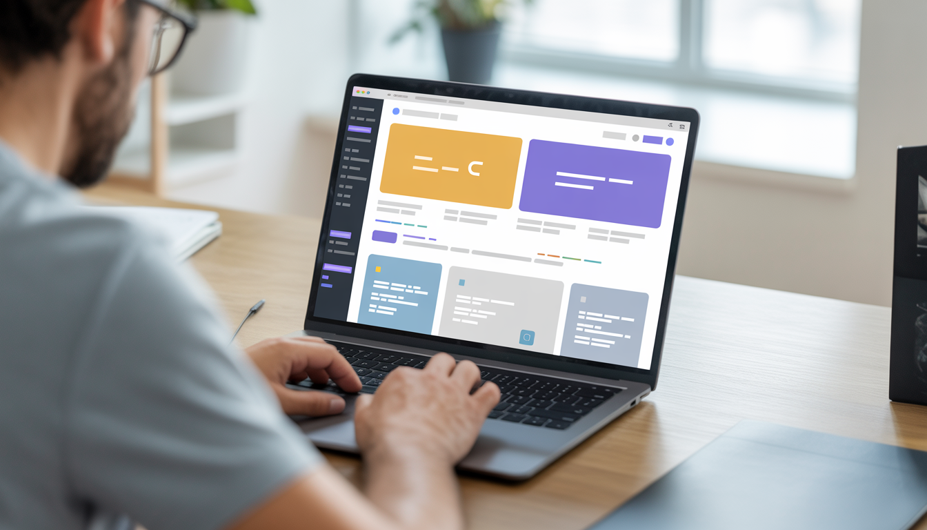 Freelancer travaillant sur un ordinateur portable avec une interface WordPress moderne dans un bureau lumineux à Lyon, décor minimaliste et ambiance professionnelle