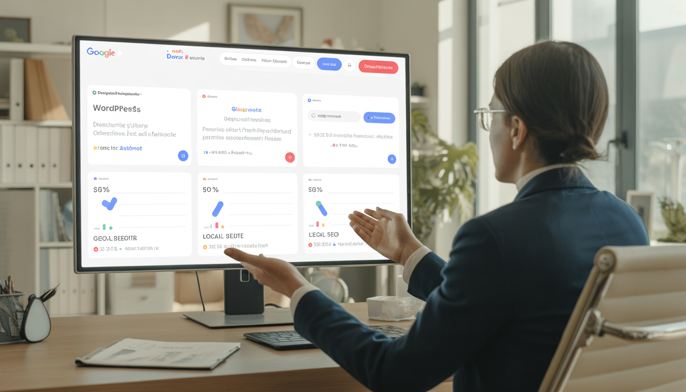 Consultant marketing digital Lyon indépendant présentant un audit clair à une PME dans un bureau moderne lumineux