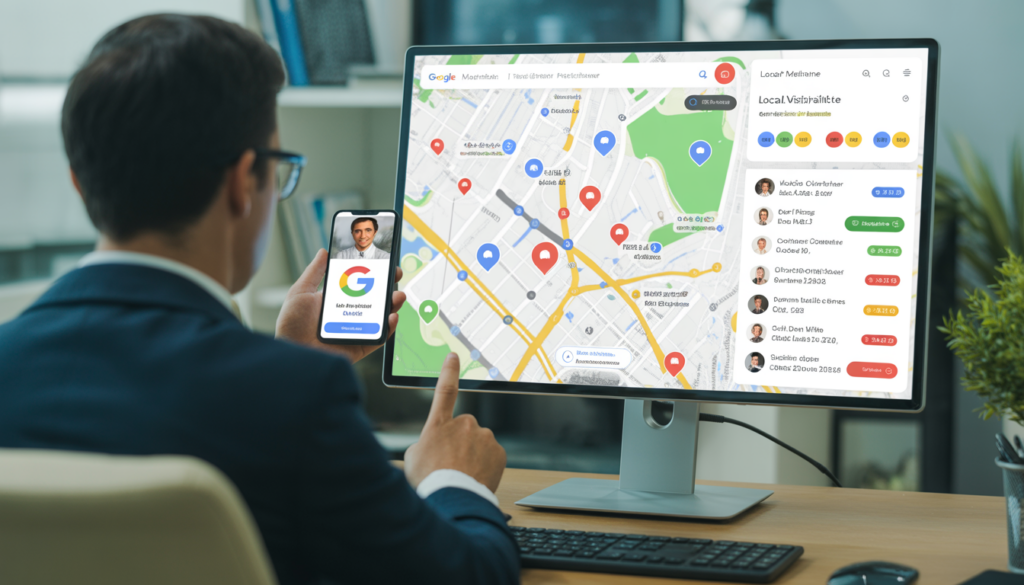 Consultant en marketing digital indépendant dans un bureau moderne avec un ordinateur affichant une carte locale interactive et un smartphone montrant un profil Google Business