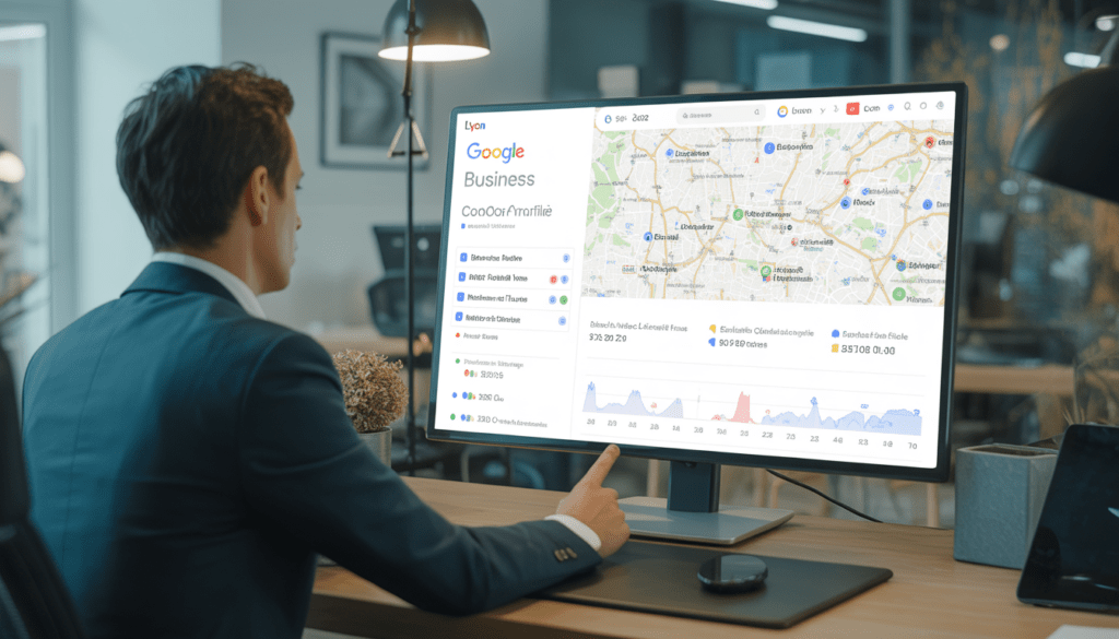 Consultant marketing digital Lyon analysant un profil Google Business et la visibilité SEO dans un bureau moderne de PME à Lyon