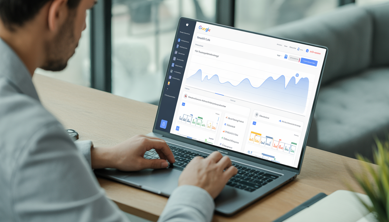 Consultant en marketing digital travaillant sur ordinateur portable affichant un tableau de bord Google Ads avec des métriques de performance en hausse dans un bureau moderne et lumineux à Lyon