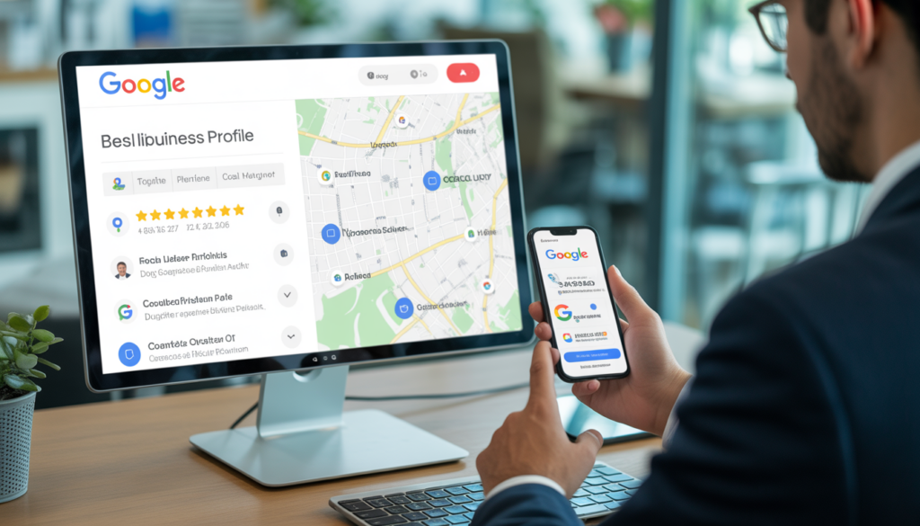 Consultant en marketing digital à un bureau moderne avec ordinateur et smartphone affichant un profil Google Business, carte locale avec épingles et avis clients