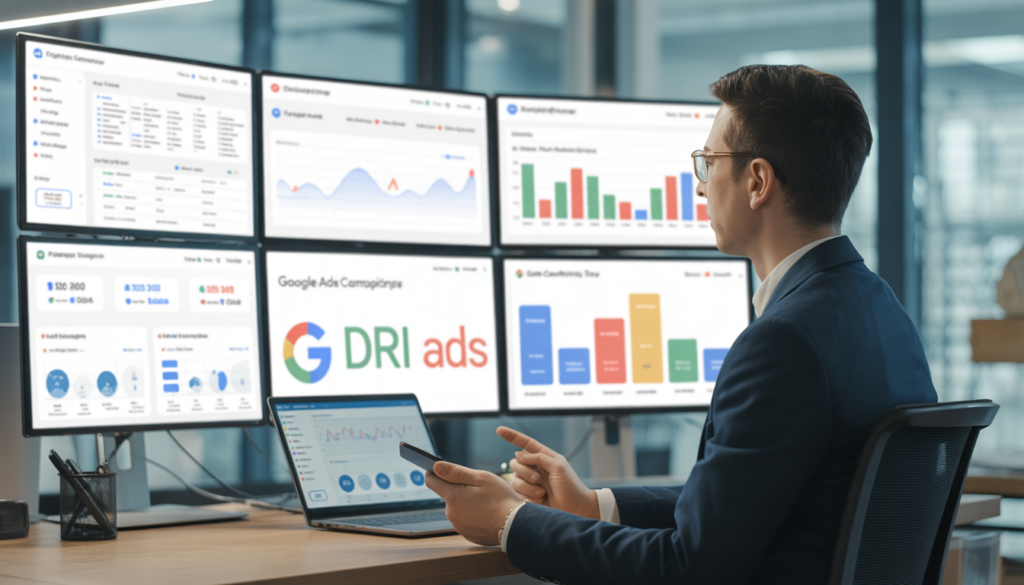 Consultant marketing digital dans un bureau moderne, assis à un bureau avec plusieurs écrans affichant des tableaux de bord, des graphiques de performance, des métriques de ROI et des campagnes Google Ads