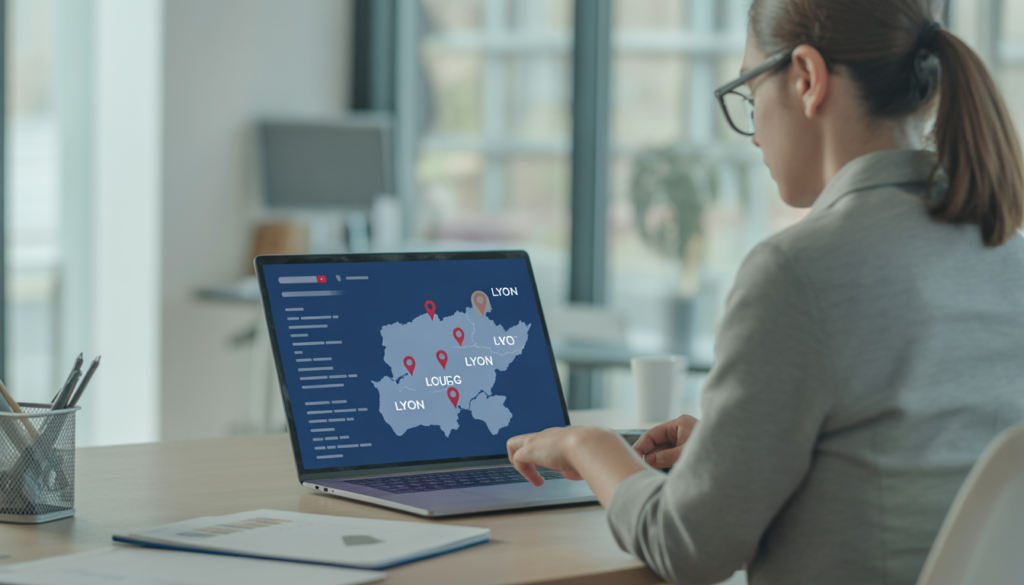 Consultant SEO local travaillant dans un bureau lumineux avec un ordinateur portable affichant des résultats de recherche et des indicateurs de visibilité locale en hausse, une carte stylisée de Lyon avec des marqueurs de localisation