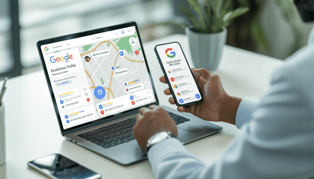 Consultant professionnel travaillant à un bureau moderne avec un ordinateur portable et un smartphone affichant un profil Google Business avec carte, avis clients et marqueurs de localisation