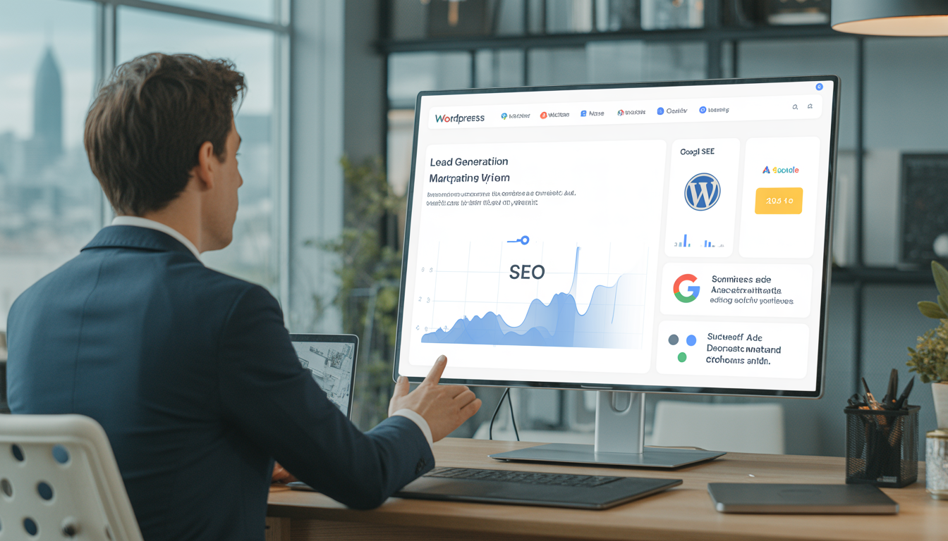 Consultant marketing digital Lyon présentant une stratégie de génération de leads dans un bureau moderne avec des graphiques SEO et une campagne Google Ads à l'écran