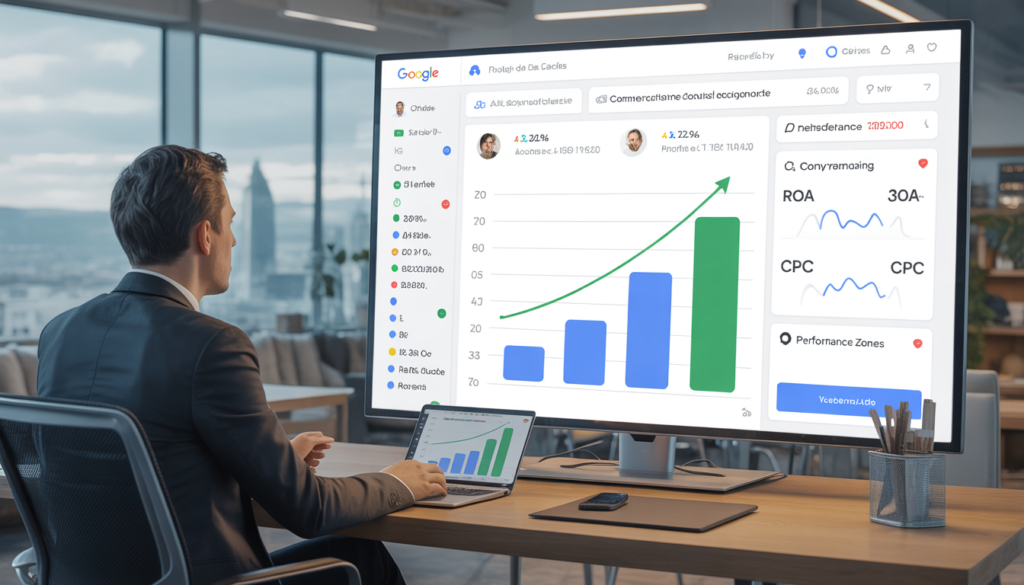 Consultant marketing digital dans un bureau moderne à Lyon optimisant une campagne google ads lyon avec des graphiques de conversion, ROAS et CPC à l'écran