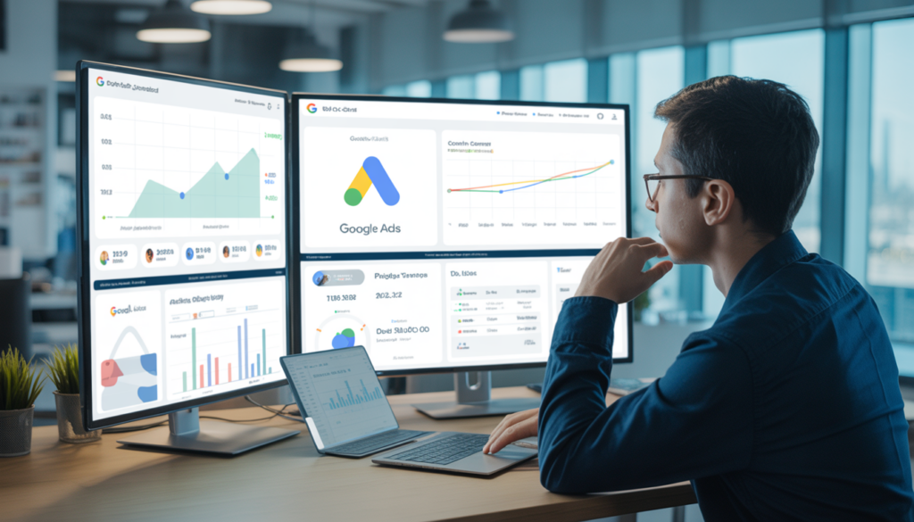 Consultant en marketing digital analysant plusieurs écrans avec graphiques de croissance, indicateurs de ROI et tableau de bord Google Ads en temps réel dans un bureau moderne lumineux
