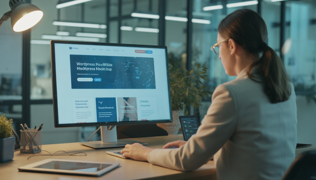 Consultant freelance travaillant sur un écran affichant une maquette moderne et épurée de site WordPress avec une interface web claire et des blocs de contenu bien structurés dans un environnement de bureau lumineux et high-tech