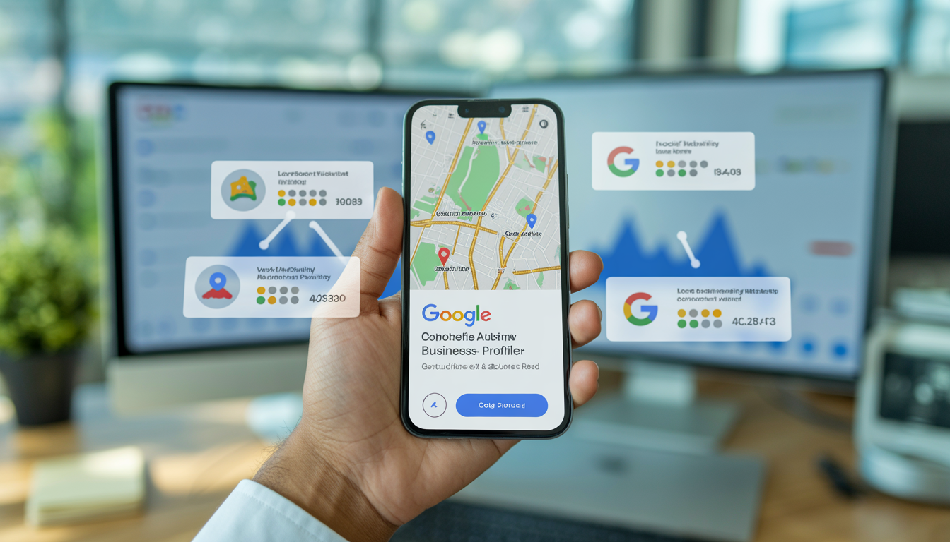 Carte locale avec des épingles et un smartphone affichant un profil Google Business, entouré d'éléments visuels de localisation et d'avis clients dans un bureau moderne lumineux