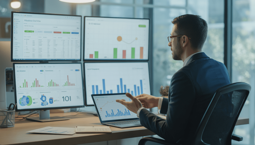 Consultant marketing digital analysant des performances sur plusieurs écrans dans un bureau moderne et lumineux