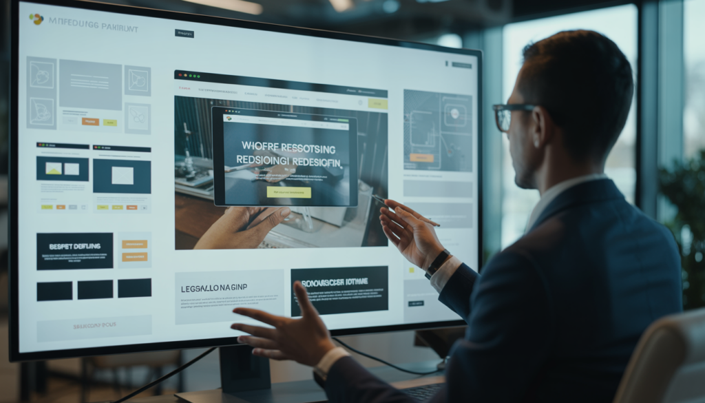 Consultant en marketing digital présentant la refonte d'un site web sur un grand écran dans un bureau moderne et lumineux, avec une interface web responsive élégante affichée