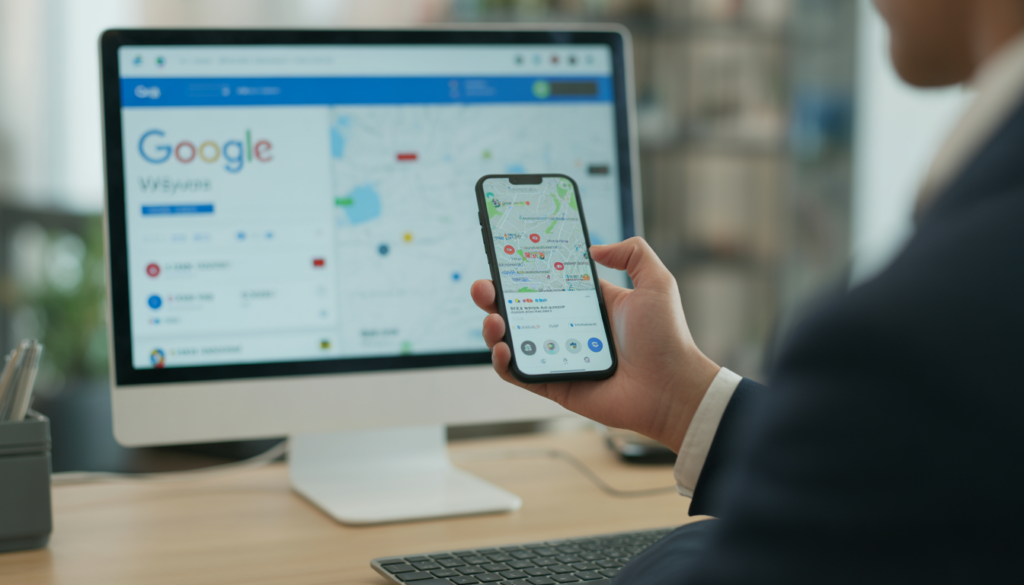 Consultant en marketing digital travaillant dans un bureau lumineux avec ordinateur et smartphone affichant un profil Google Business, carte locale avec épingles et avis clients visibles.