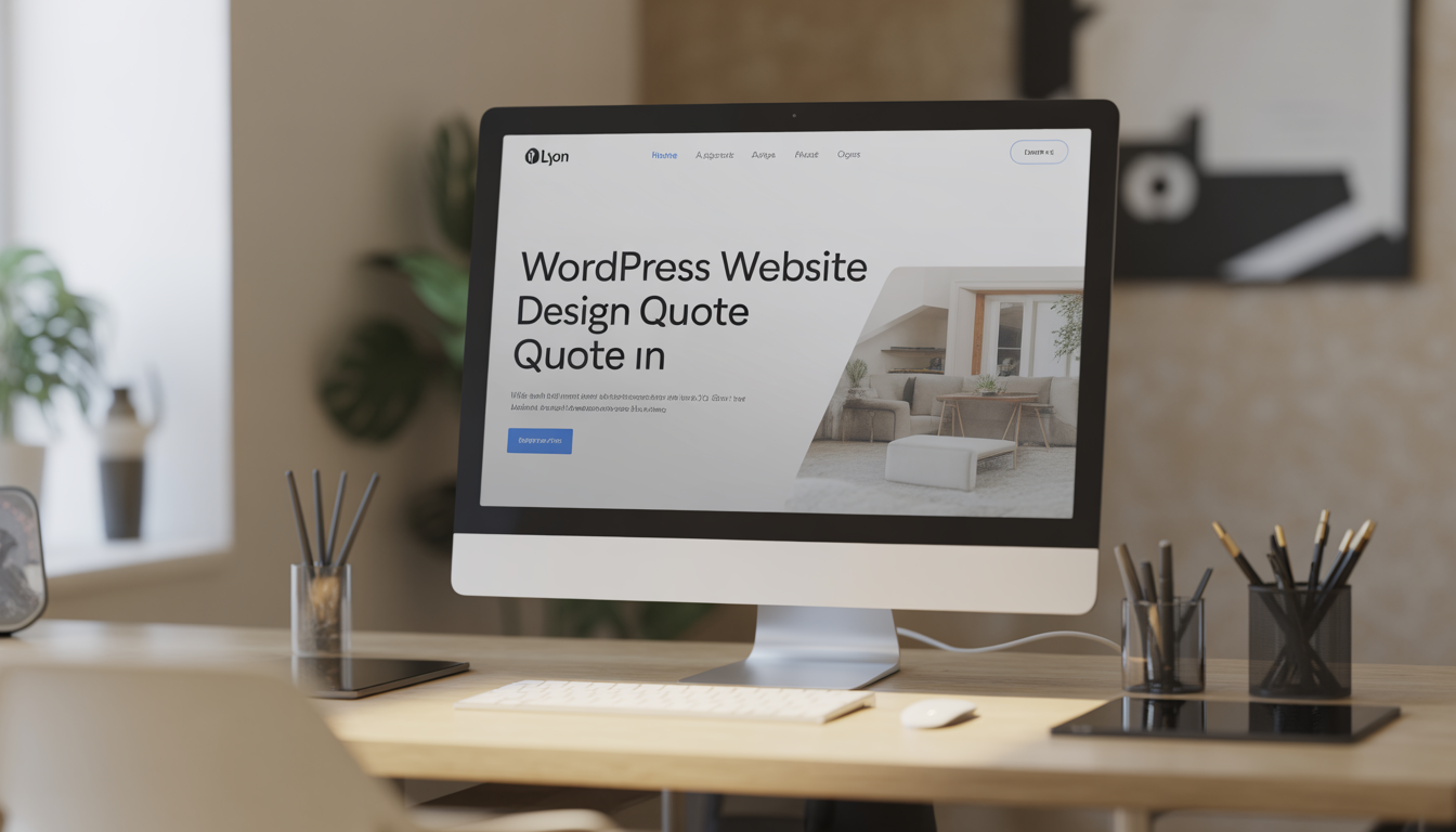 Espace de travail moderne et minimaliste avec un écran d'ordinateur affichant une maquette responsive d'un site WordPress, ambiance lumineuse naturelle et environnement propre