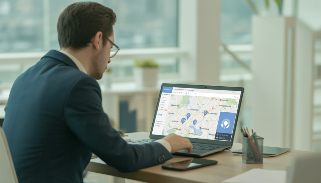 Consultant SEO local travaillant dans un bureau moderne et lumineux à Lyon, ordinateur portable affichant une carte locale avec des marqueurs de position et des indicateurs de visibilité en ligne