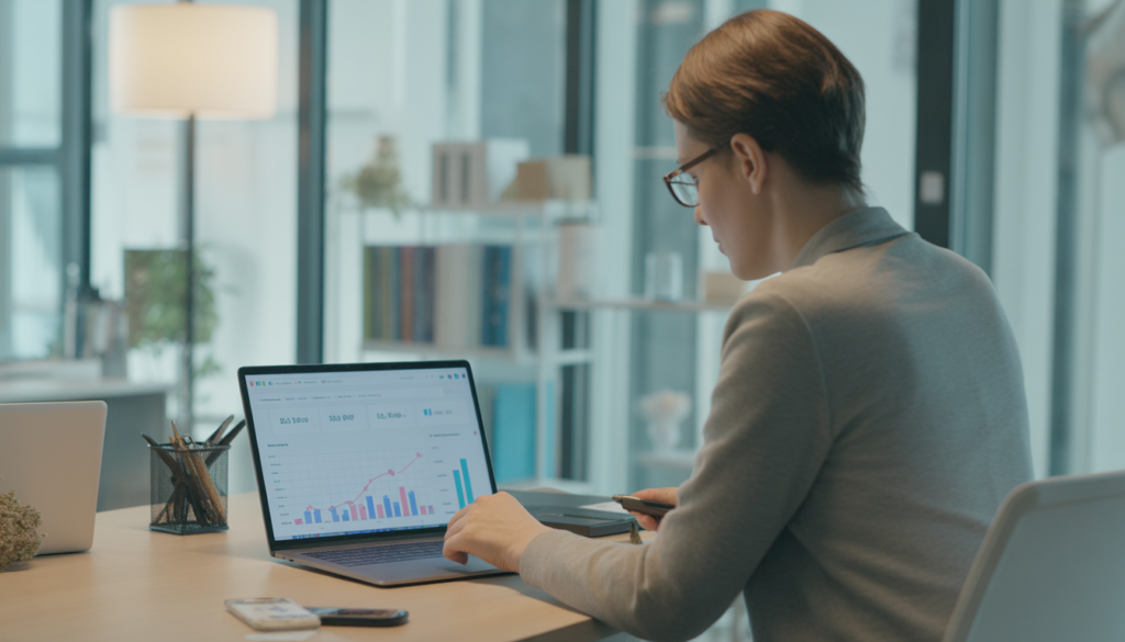 Consultant SEO local travaillant dans un bureau moderne et lumineux à Lyon, analysant un tableau de bord de classement avec graphiques de trafic en hausse et indicateurs de visibilité locale sur un ordinateur portable