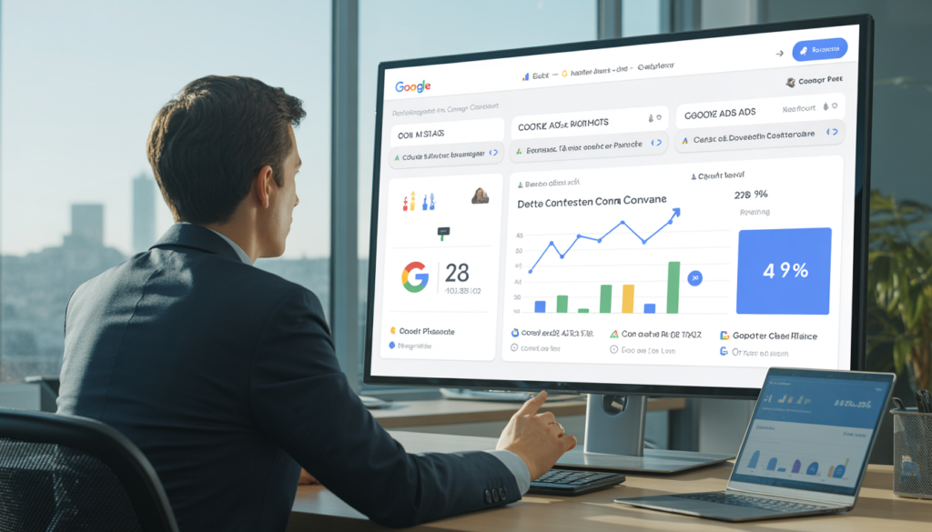 Consultant marketing digital à Lyon montrant une campagne google ads rentable lyon avec tableau de bord ROI et graphiques de croissance