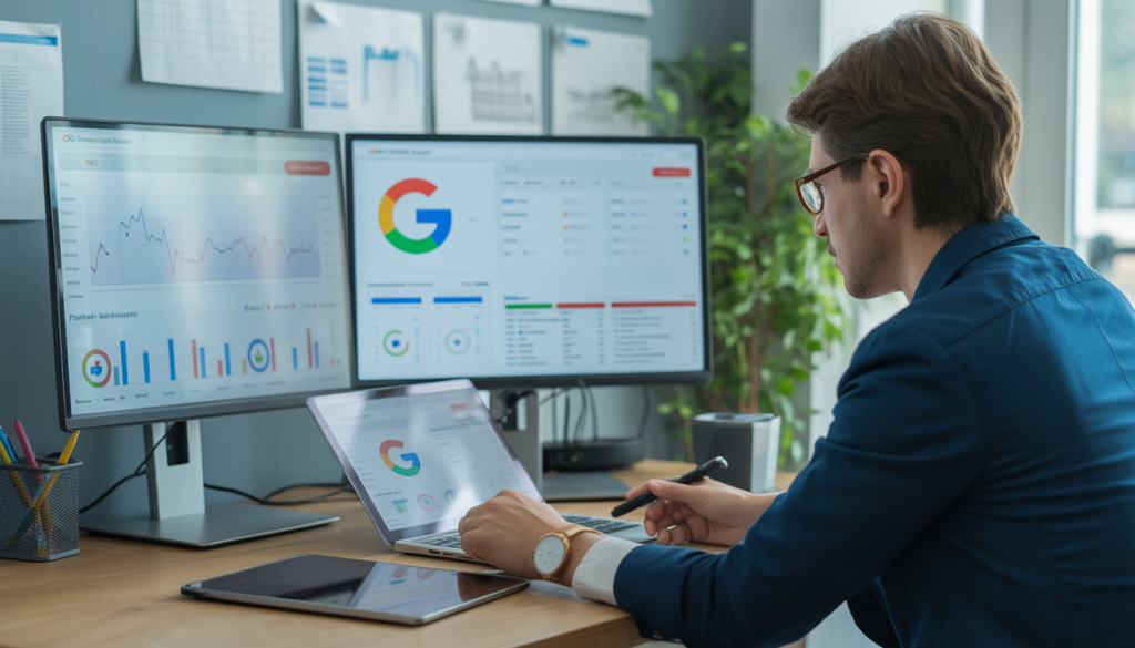 Consultant SEO freelance analysant des données de site web sur plusieurs écrans montrant des graphiques de trafic, classements Google et tableaux de performance dans un bureau moderne lumineux