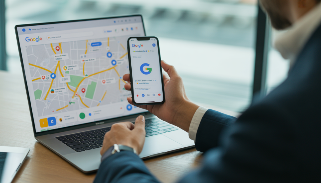 Consultant en marketing digital analysant une fiche Google Business Profile sur smartphone et ordinateur portable dans un bureau moderne lumineux