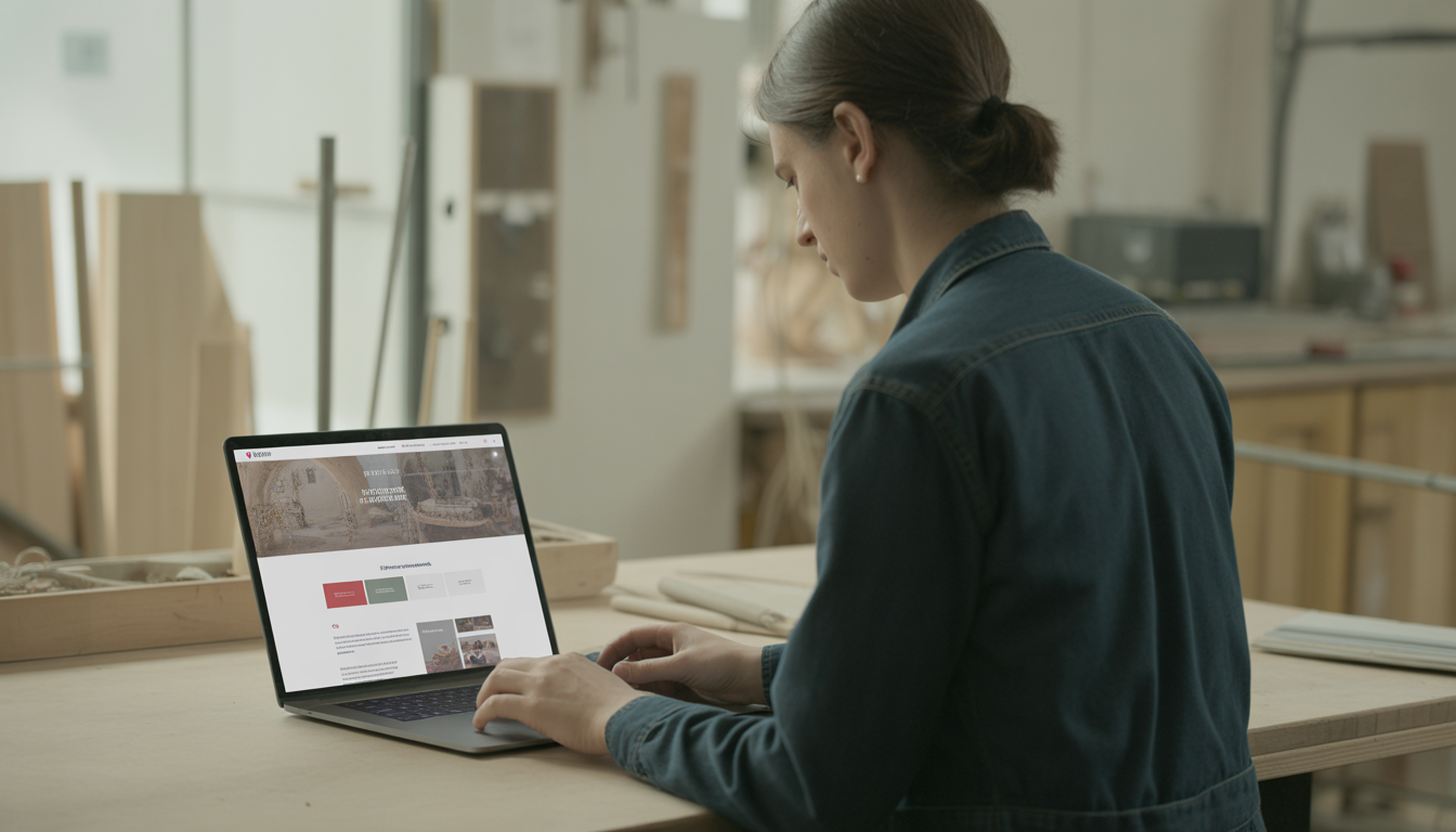 Artisan lyonnais dans un atelier lumineux utilisant un ordinateur portable avec maquette responsive d’un site WordPress élégant et épuré