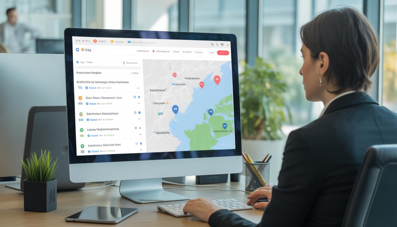 Consultant SEO freelance à Lyon montrant un écran d'ordinateur avec résultats de recherche et tableau de bord de visibilité locale, carte stylisée de Lyon avec repères de localisation, bureau moderne lumineux et épuré
