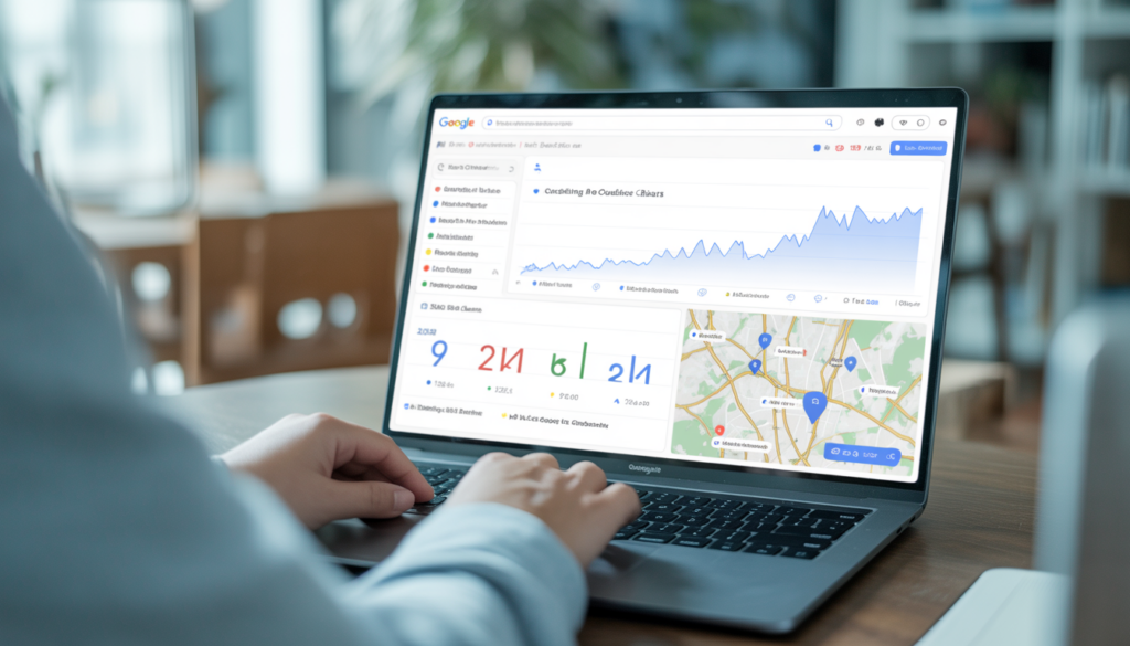 Consultant SEO local travaillant dans un espace moderne à Lyon avec un ordinateur affichant des résultats Google, des graphiques de trafic en hausse et une carte locale avec marqueurs de position
