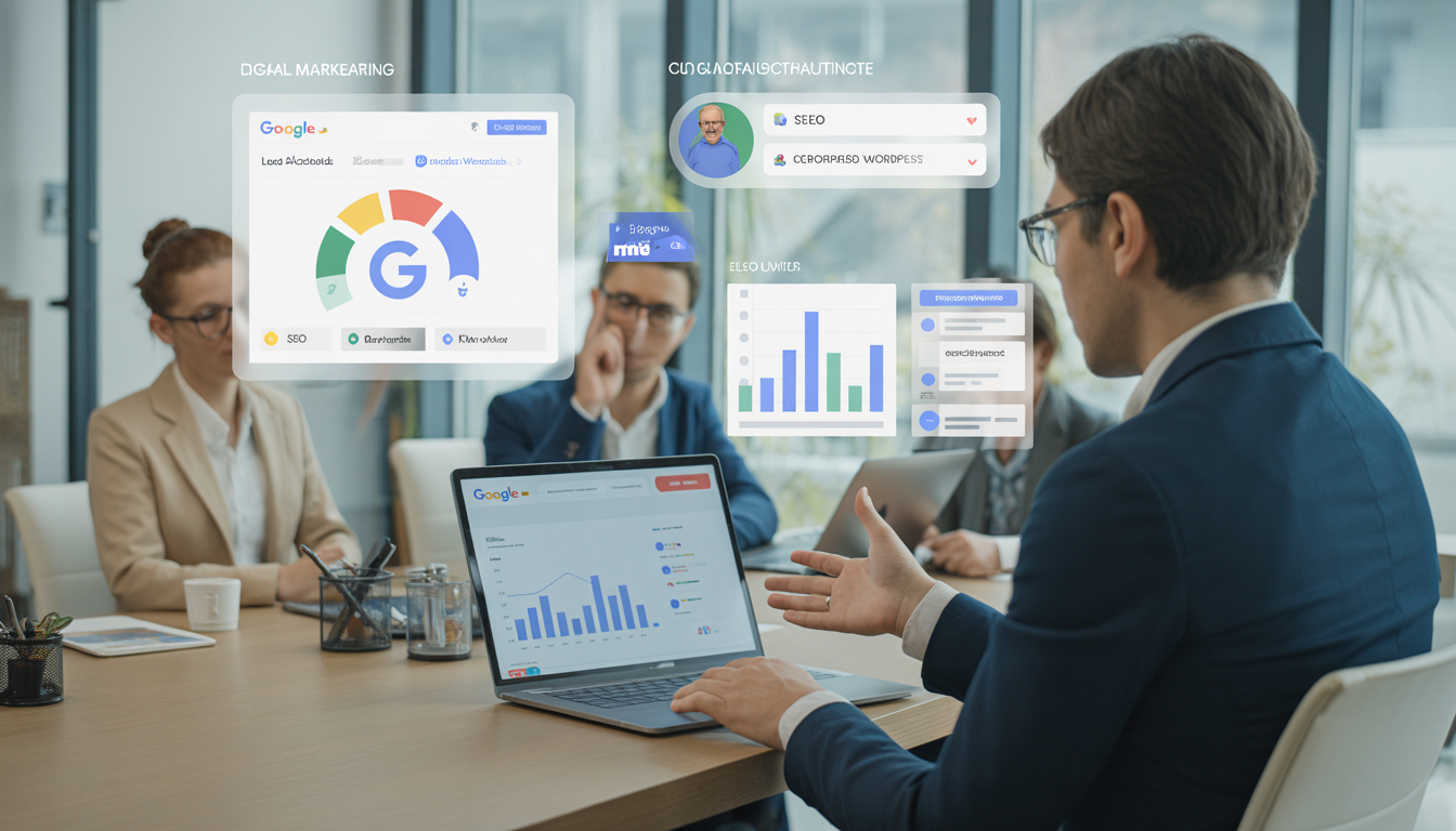 Consultant marketing digital Lyon présentant une stratégie d'acquisition à une équipe PME dans un bureau moderne