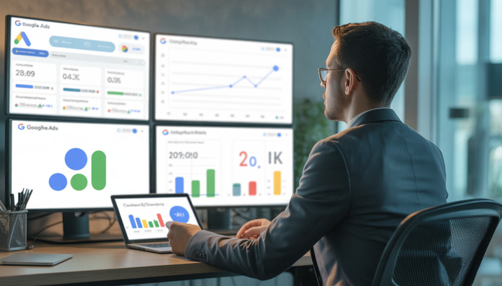 Consultant en marketing digital professionnel assis à un bureau moderne avec plusieurs écrans affichant des tableaux de bord Google Ads, graphiques de croissance, ROI et métriques de conversion