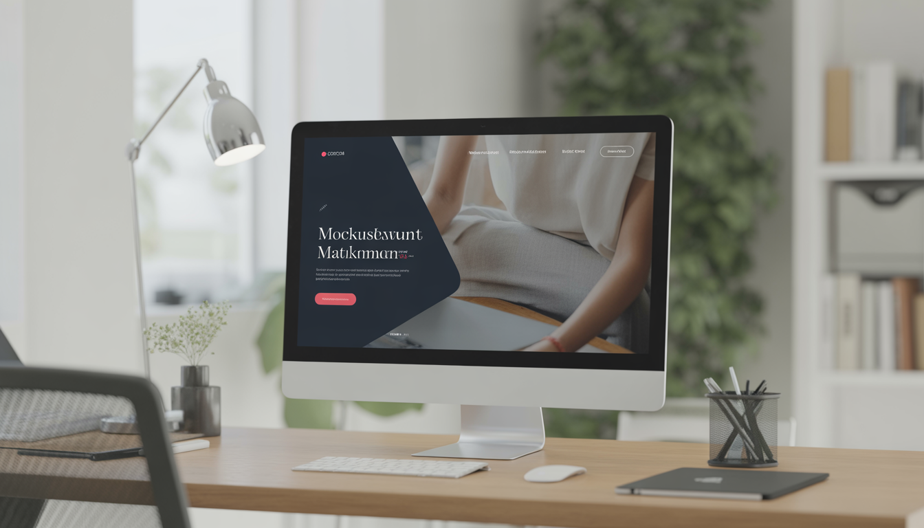 Espace de travail moderne avec écran d'ordinateur affichant une maquette de site web minimaliste et élégante, ambiance lumineuse naturelle et environnement propre
