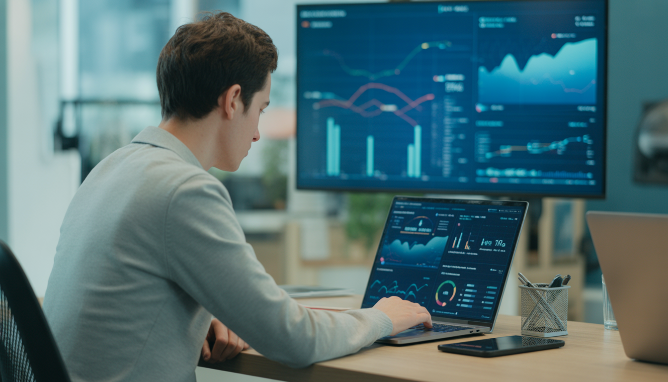 Consultant marketing digital freelance travaillant dans un bureau moderne à Lyon, analysant des tableaux de bord numériques épurés et des graphiques de performance sur un ordinateur portable, avec une lumière naturelle douce