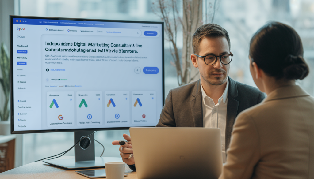 Consultant marketing digital Lyon discutant stratégie avec un dirigeant de PME dans un bureau moderne, fond avec site WordPress, tableaux Google Ads et SEO local