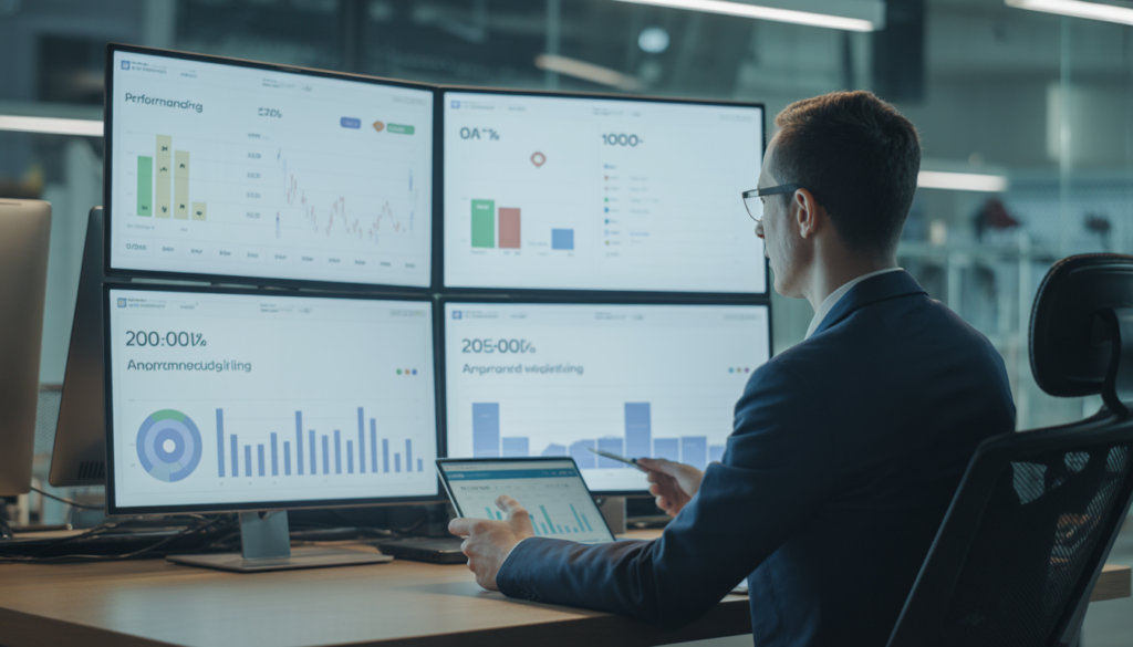 Consultant marketing digital analysant des tableaux de bord de performance, graphiques ROI et métriques de campagne sur plusieurs écrans dans un bureau moderne